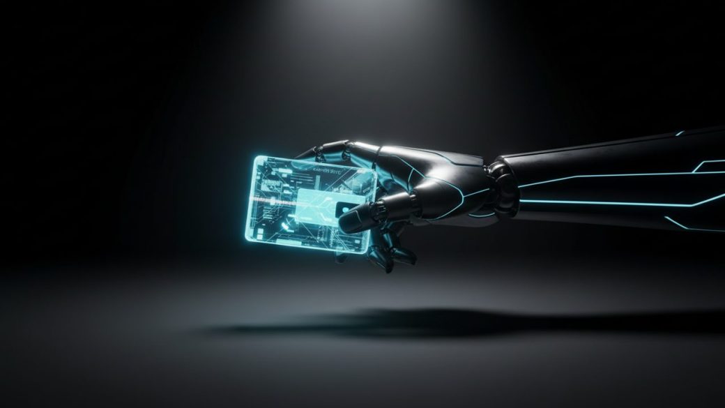 A single sleek robotic hand holding a glowing digital wallet, dramatic spotlight, deep shadows, clean dark background, high contrast, no text