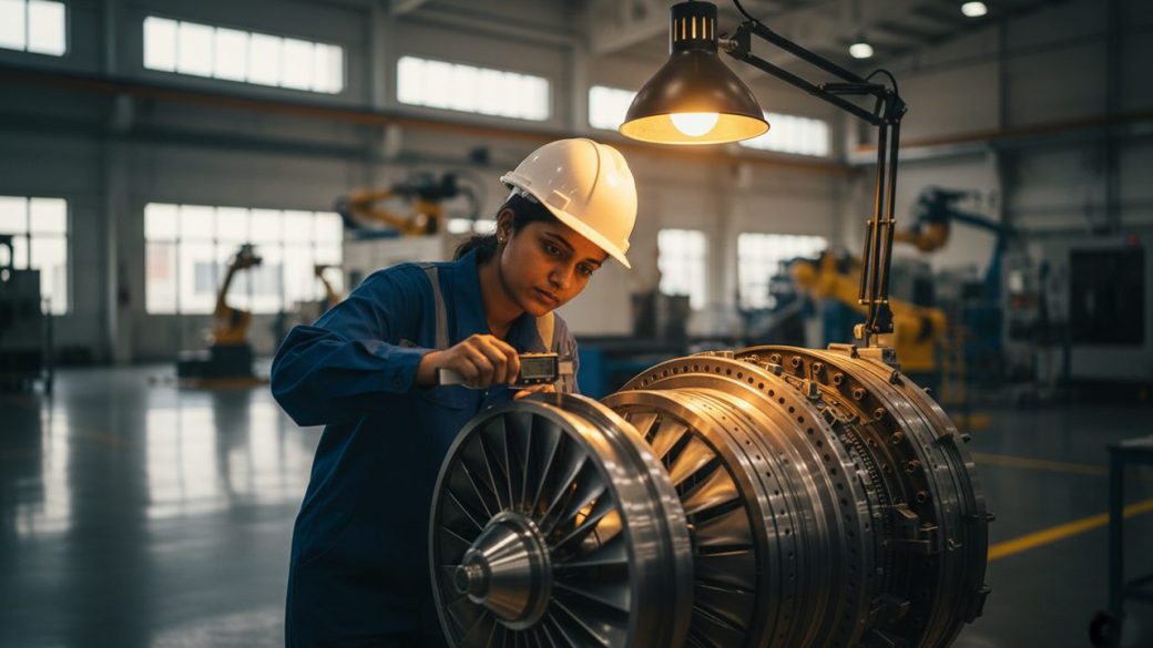 A bright modern Indian factory floor where an engineer in a hard hat inspects a precision metal aircraft component under warm workshop lighting