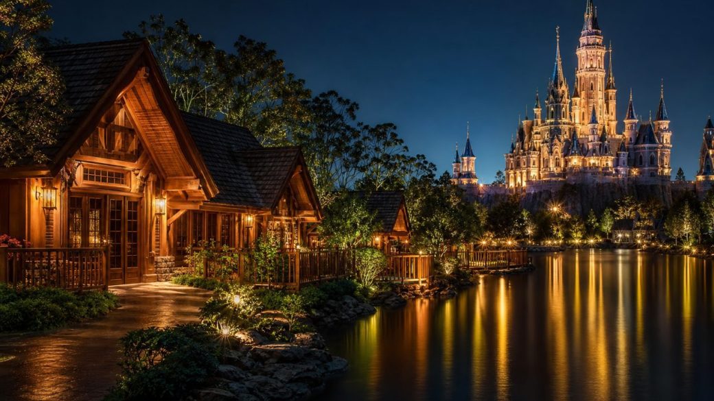 A sweeping eco-resort of timber cottages beside a fairytale theme park castle at dusk, golden lights glowing against a clean dark sky, dramatic high-contrast cinematic composition