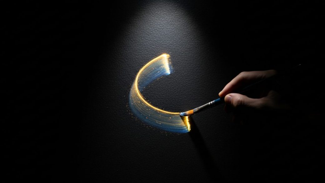 A single paintbrush leaving a glowing trail of light across a dark canvas under dramatic focal light.