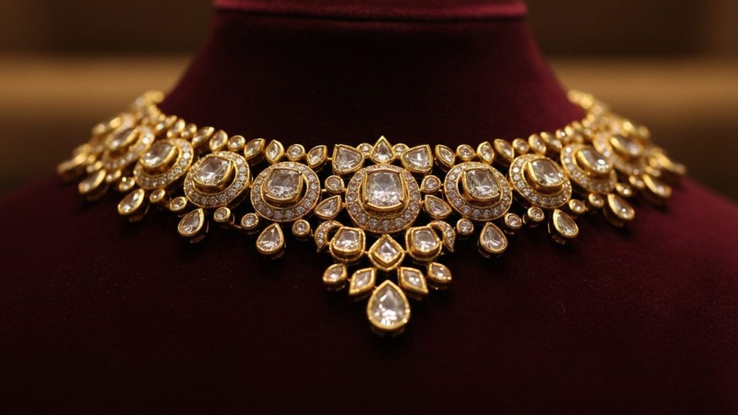 Close-up of an intricate Kundan and Polki gold necklace with uncut diamonds resting on dark velvet, soft warm jewellery-store lighting catching the gemstones