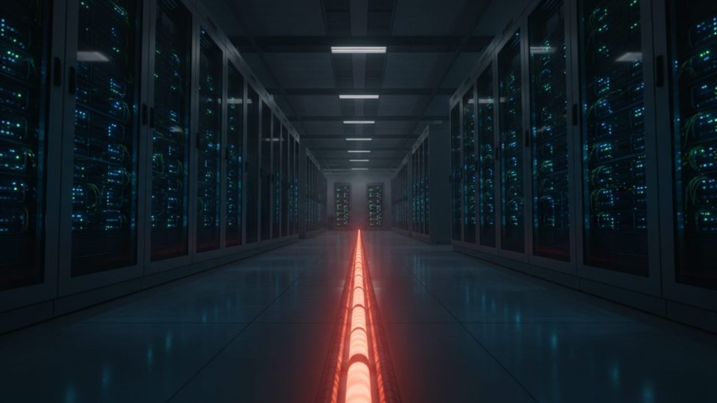 A vast data-center hall with rows of servers and a single glowing power cable running down the center aisle under dramatic depth lighting.