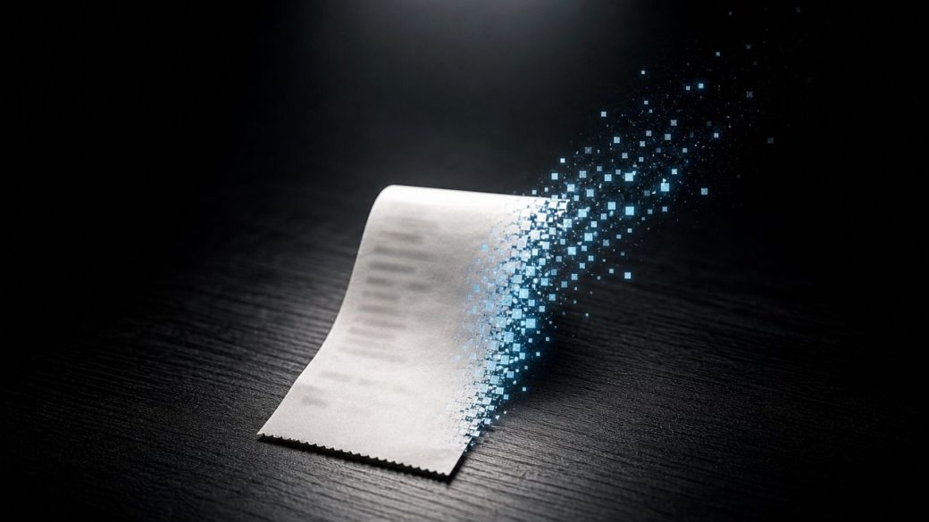 A single paper receipt half-dissolving into glowing digital pixels on a dark desk, dramatic spotlight, clean uncluttered background, high contrast, no readable text