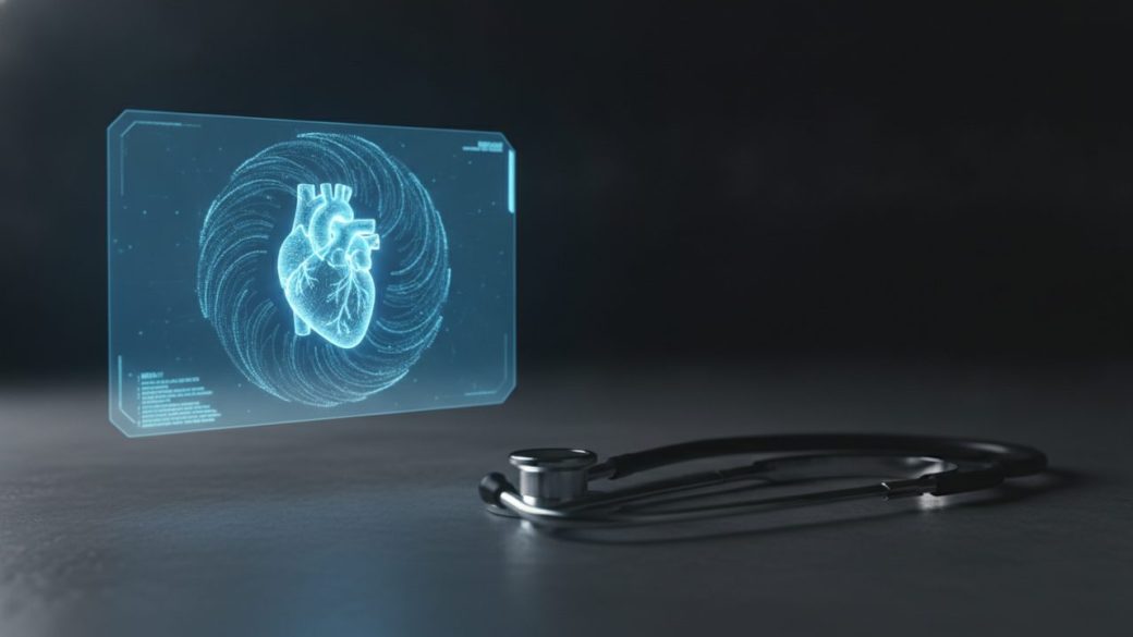 A glowing blue holographic medical AI interface hovering beside a stethoscope on a dark uncluttered surface, dramatic side lighting, high contrast, photorealistic, no text or logos