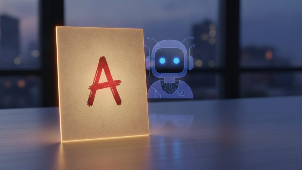A glowing report card showing a large red letter A on a clean white desk, with a faint AI chatbot reflection behind it, photorealistic news thumbnail.