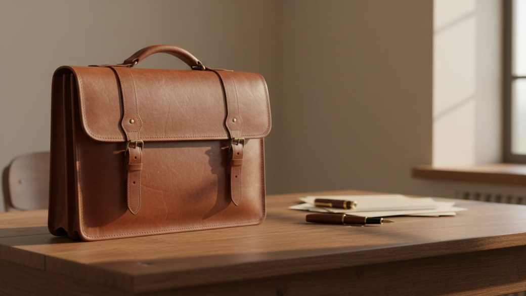 A single closed leather briefcase under a stark spotlight on a dark uncluttered surface, dramatic high-contrast lighting, no text or logos