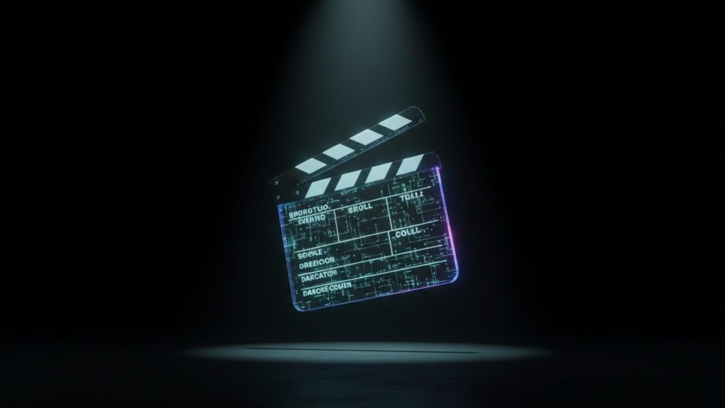A glowing AI film clapperboard against a dark studio backdrop, dramatic spotlight, high-contrast cinematic composition, no text