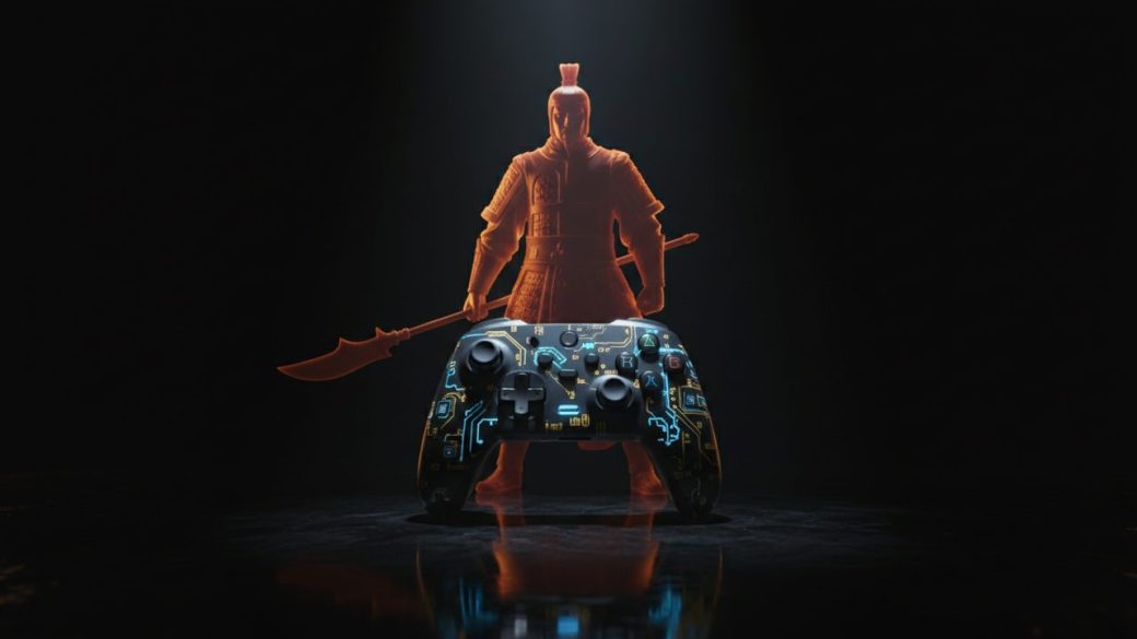 A single glowing game controller resting on a polished surface with a faint ancient Chinese Three Kingdoms warrior silhouette behind it, clean dark uncluttered background, dramatic spotlight, high-contrast, no text or watermark.