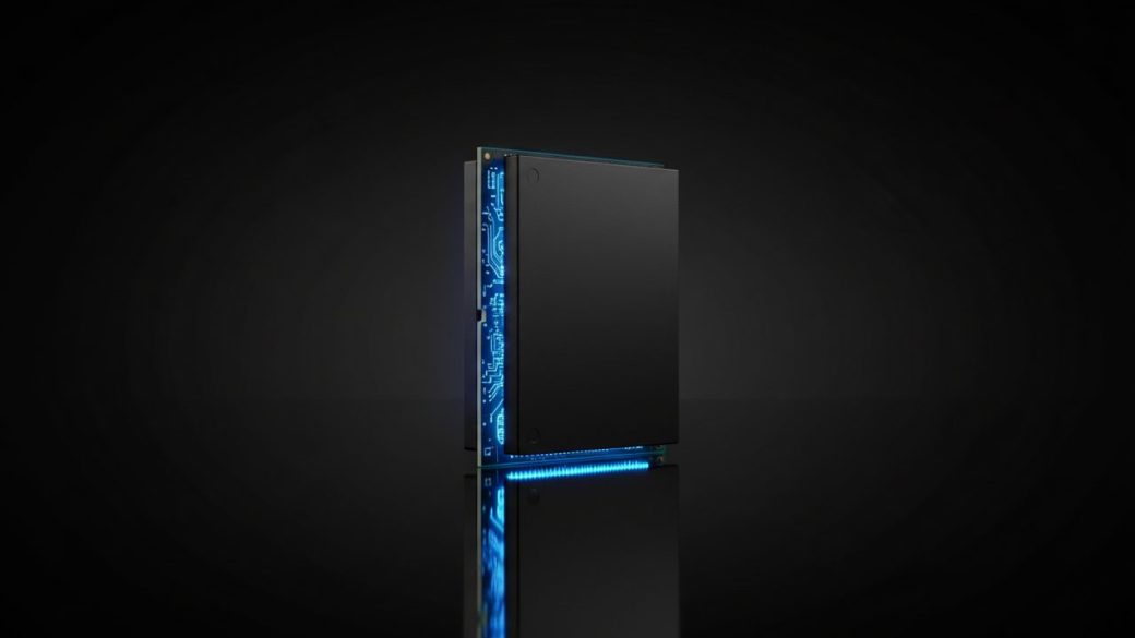 A single black Micron HBM memory chip module standing on a reflective surface, glowing blue circuit lighting from one side, clean dark background, sharp high contrast, no text