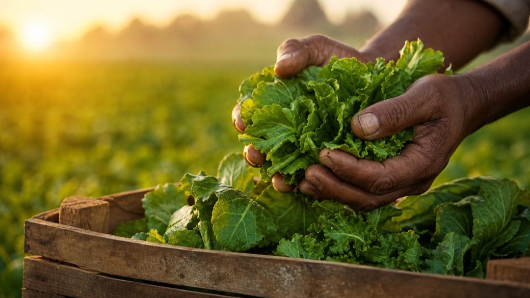 Farmer's hands holding fresh green vegetables over a wooden delivery crate in golden dawn light