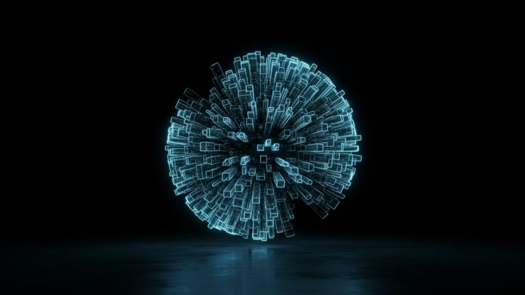 A glowing translucent 3D wireframe sphere of a city floating in a dark room, dramatic high-contrast blue lighting, single focal subject, clean background