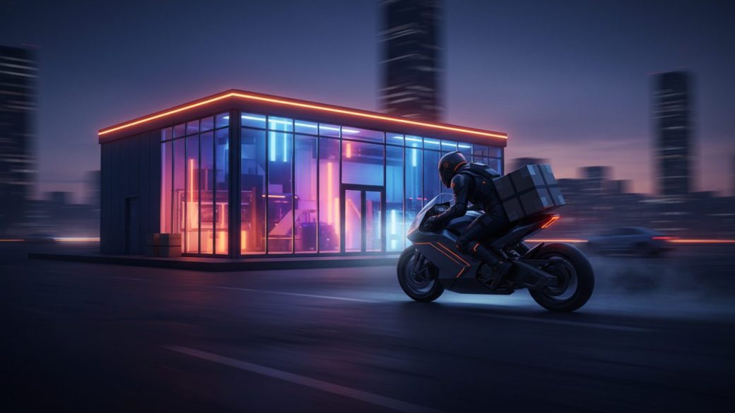 A single delivery rider speeding away from a glowing compact city warehouse at dusk, motion blur, dramatic high-contrast lighting, clean uncluttered background