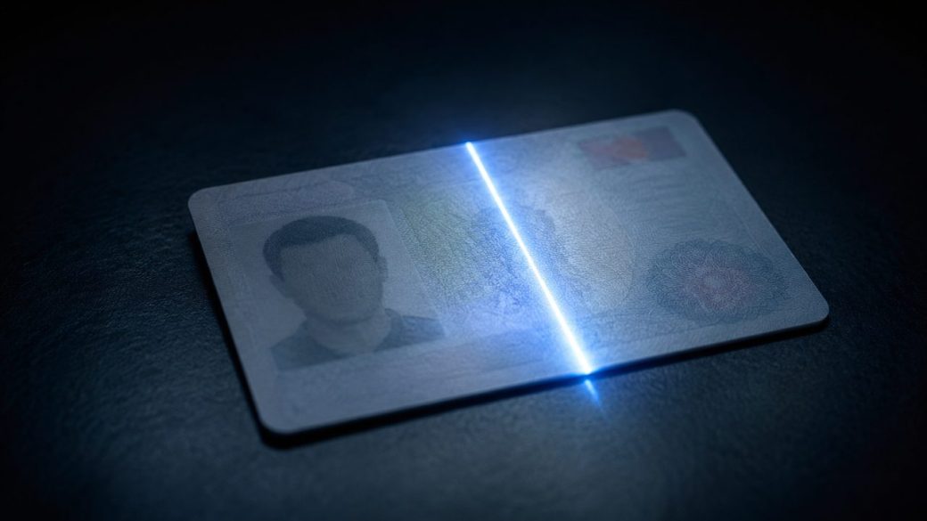 A single government ID card lit by a thin scanning light beam on a dark surface, with a soft focal glow and no readable text.