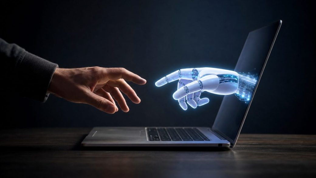 A single human hand and a glowing robotic hand reaching toward the same laptop on a dark desk, dramatic side lighting, clean uncluttered background, high contrast, no text