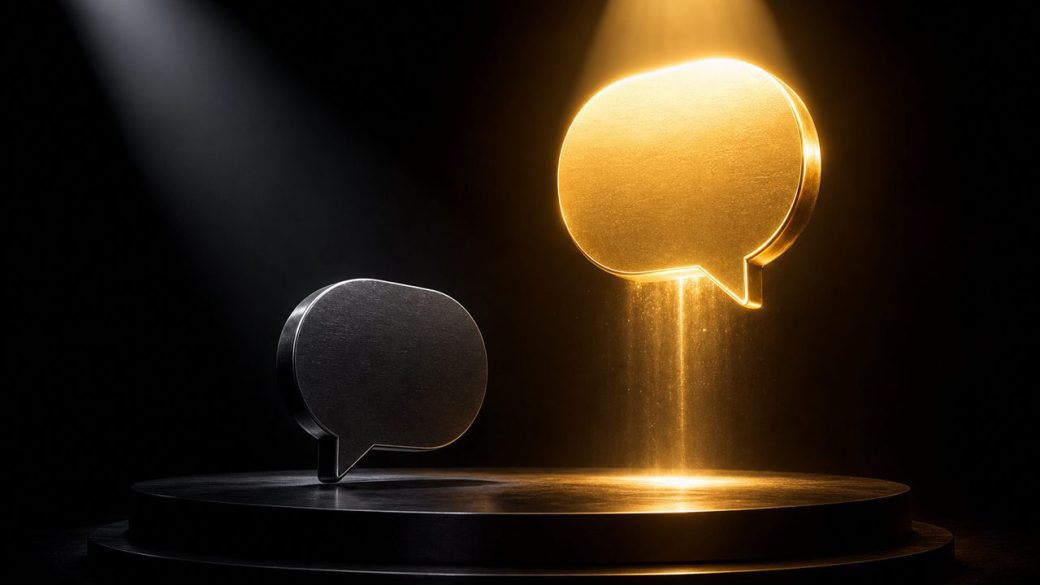 Two glowing chat-bubble icons facing off on a dark stage, one clearly rising and brighter than the other, dramatic spotlight lighting, clean uncluttered background, high contrast, no text