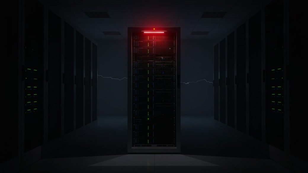 A single glowing AI server rack going dark inside a dim data center, one red warning light cutting through deep shadow, dramatic high-contrast lighting, clean uncluttered background, no text or logos