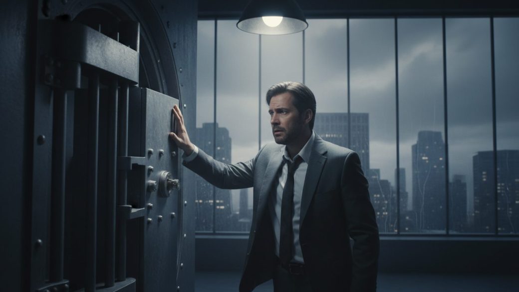A worried investor standing at a closed bank vault door, hand pressed against the heavy metal, dim financial district light behind