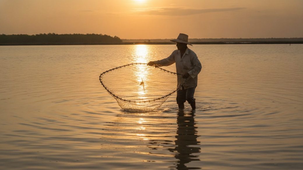 A single shrimp farmer standing waist-deep at the edge of a calm coastal pond at dawn, holding a net, dramatic high-contrast golden light, clean uncluttered background