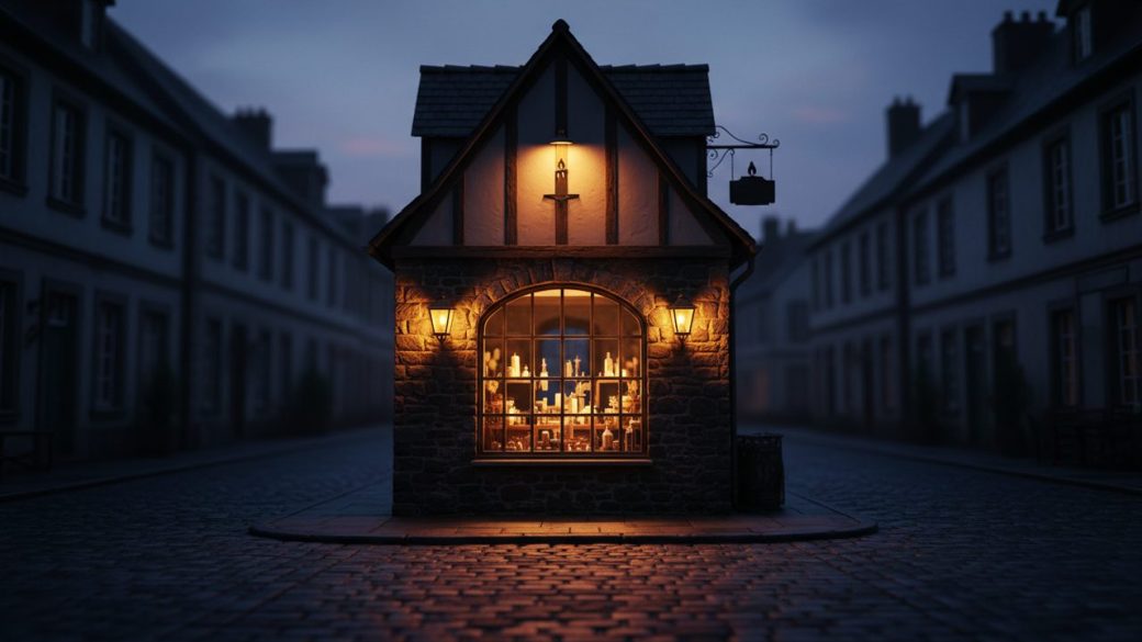 A single small consumer brand storefront glowing warmly on a quiet small-town street at dusk, dramatic high-contrast lighting, clean uncluttered background