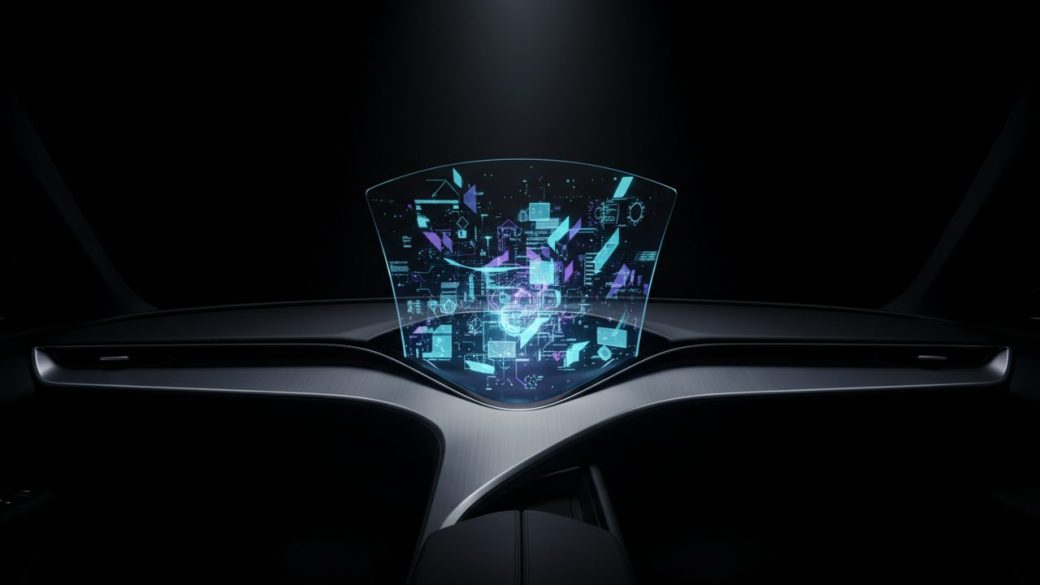 A sleek modern car dashboard glowing with a holographic AI interface in a dark studio, single dramatic spotlight, clean uncluttered background, high-contrast cinematic composition, no text or watermark
