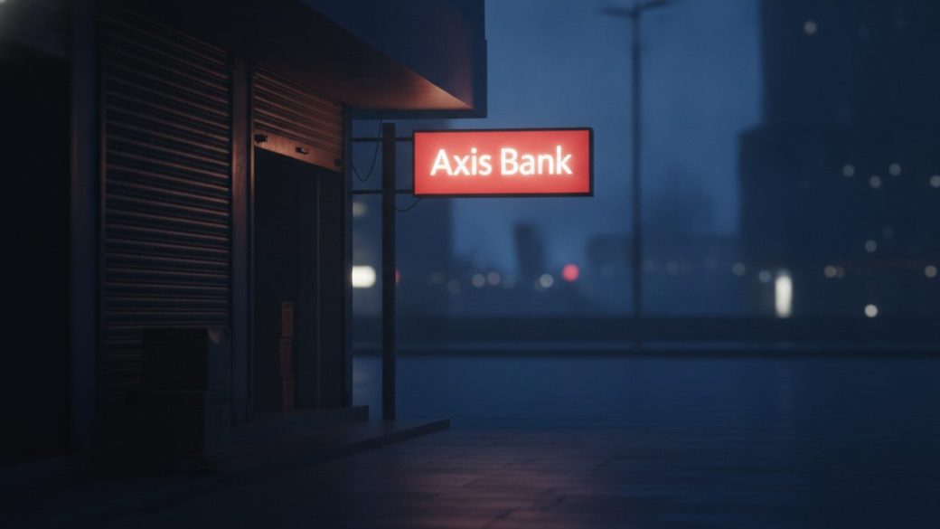 A single Axis Bank branch signboard glowing at dusk with one small-business shutter shop beside it, clean uncluttered street background, dramatic warm lighting, high-contrast photorealistic composition, no text or watermark