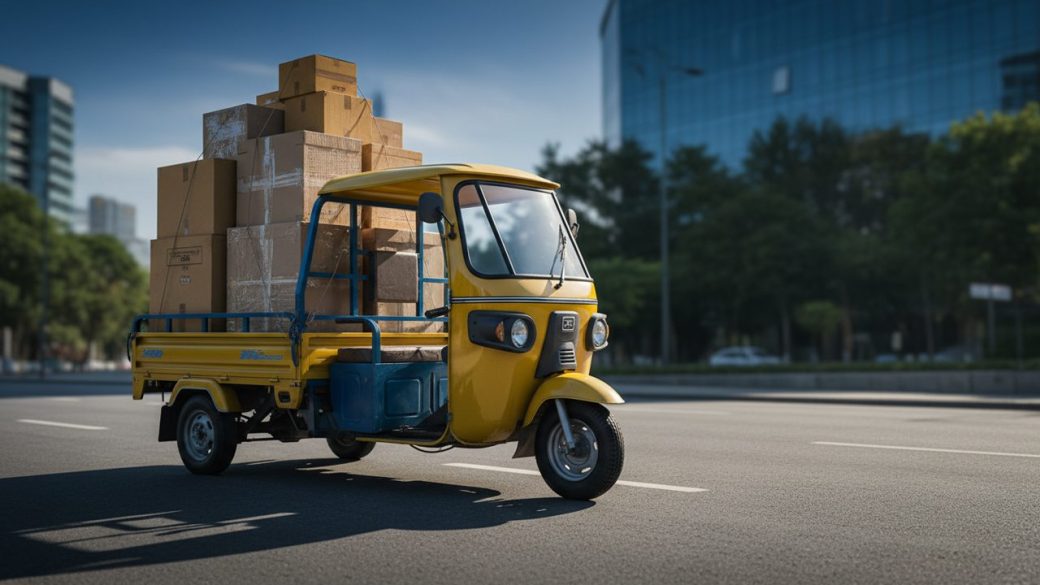 A bright Bajaj electric cargo three-wheeler loaded with parcels on a clean city street, dramatic side lighting, sharp focus on the vehicle, uncluttered background, high-contrast composition, no text