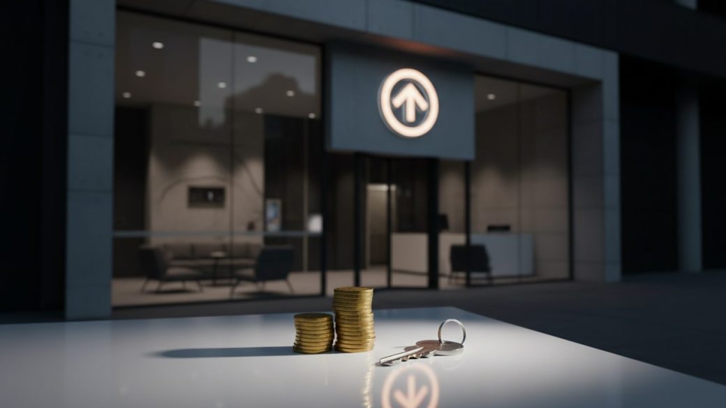 A modern Bandhan Bank branch facade with a small stack of gold coins and a house key on a clean desk in the foreground, photorealistic news thumbnail, soft daylight, no text or logos.