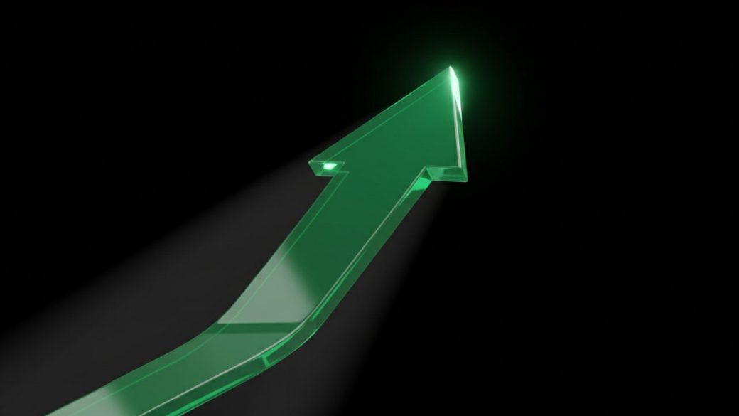 A single green upward stock-market arrow rising sharply against a clean dark background, dramatic side lighting, high contrast, no text