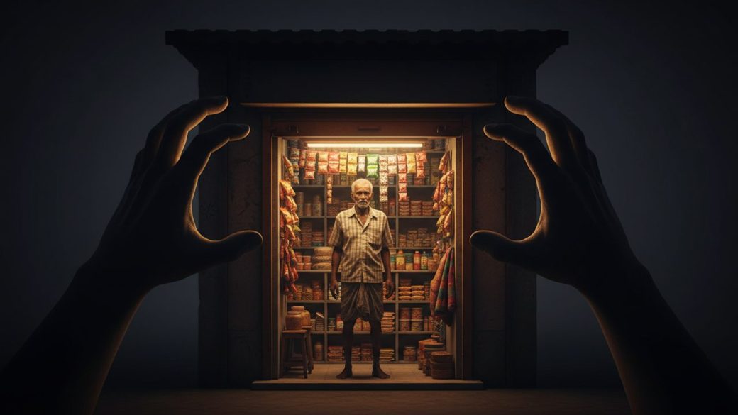 A single small Indian neighbourhood shopkeeper standing in a warm-lit doorway as giant shadowy corporate hands reach toward the store, dramatic high-contrast lighting, clean background