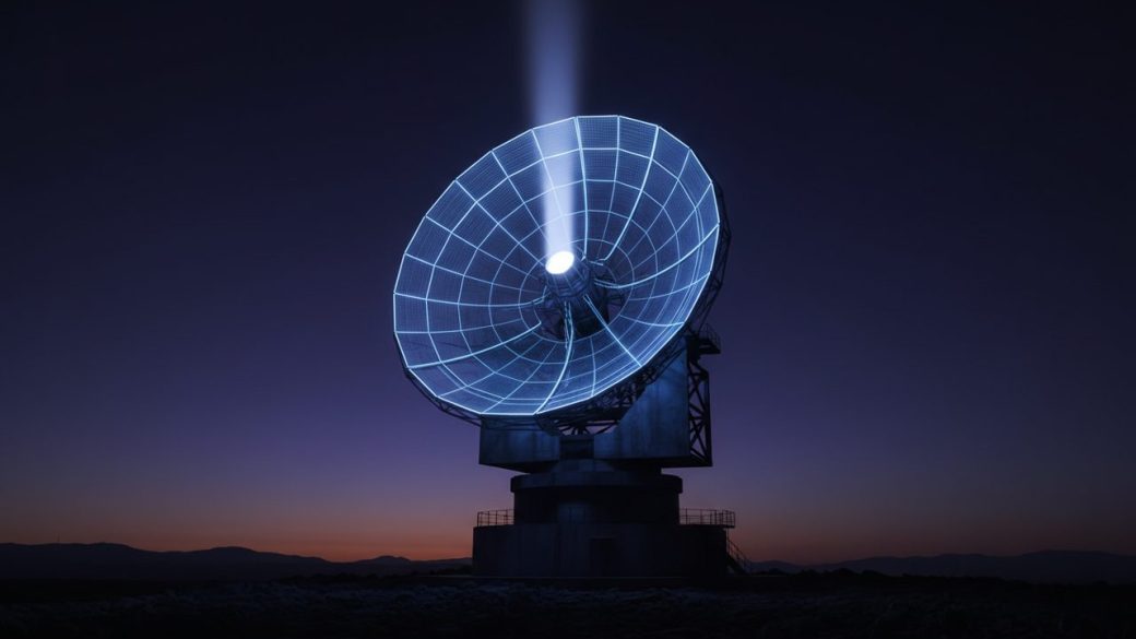 A glowing modern military radar dish at dusk, single focal subject, clean dark sky background, dramatic high-contrast lighting, no text or logos