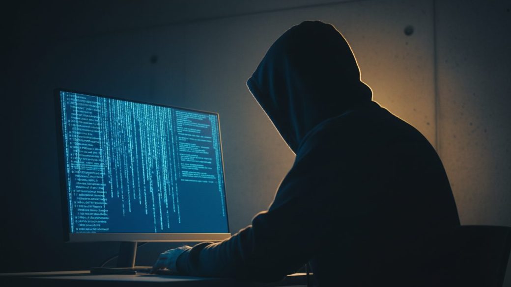 A lone hooded hacker silhouetted at a glowing keyboard, a faint Belarus flag reflected on the dark screen, dramatic single-source lighting, clean black background, high-contrast cinematic composition, no text or watermark