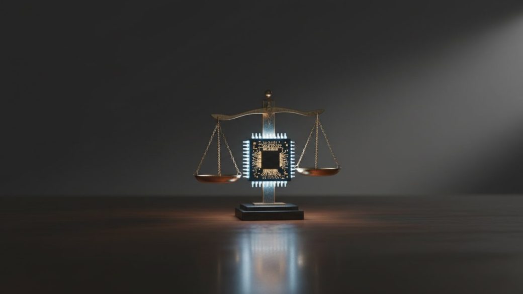 A single illuminated computer chip shaped like a balance scale on a dark desk, dramatic side lighting, clean background, photorealistic, high contrast, no text
