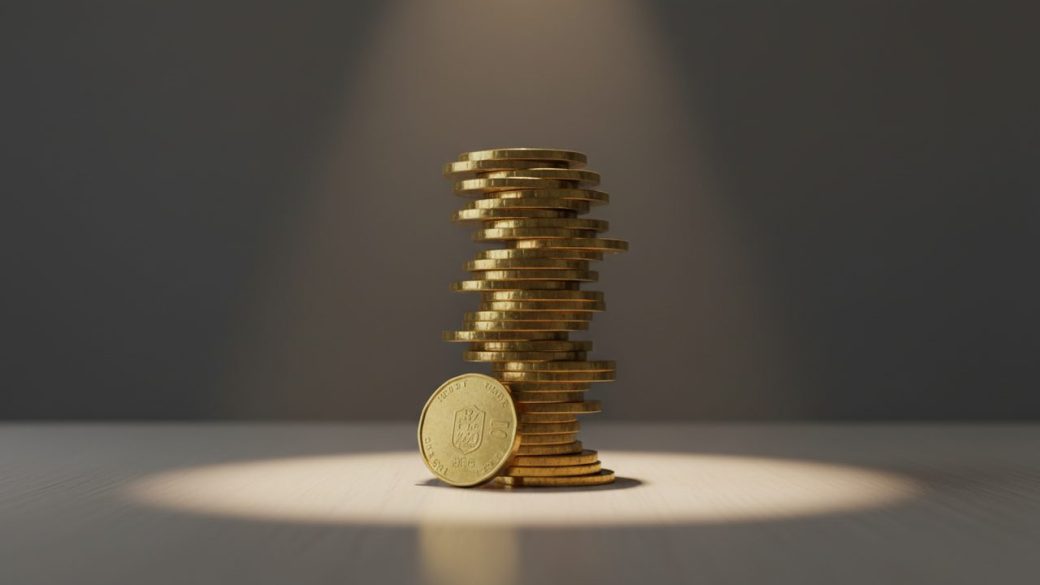A single giant glowing stack of gold coins rising like a chart bar against a clean dark blue background, with a subtle AI neural-network glow, dramatic spotlight, photorealistic, high contrast, no text