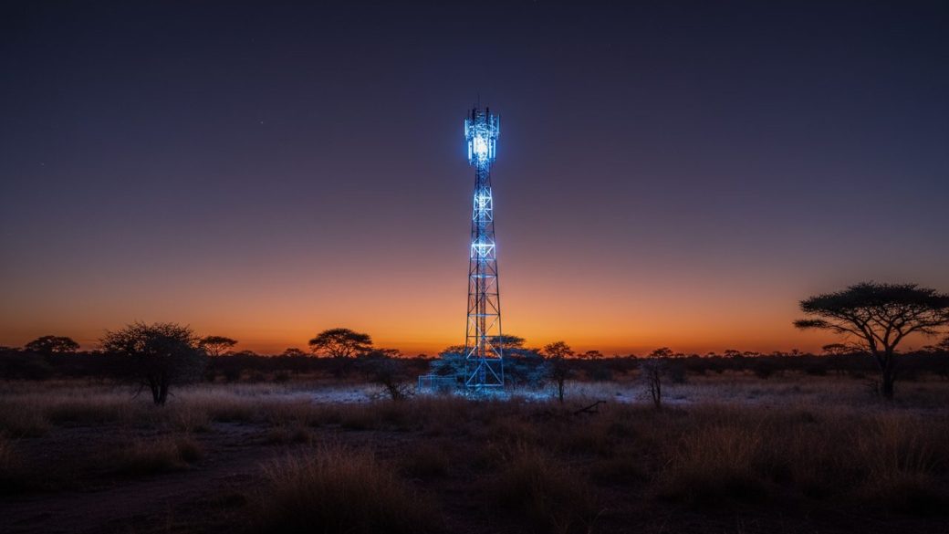 A glowing mobile signal tower rising over an African savanna at dusk, single focal subject, dramatic high-contrast lighting, clean uncluttered sky, no text or logos