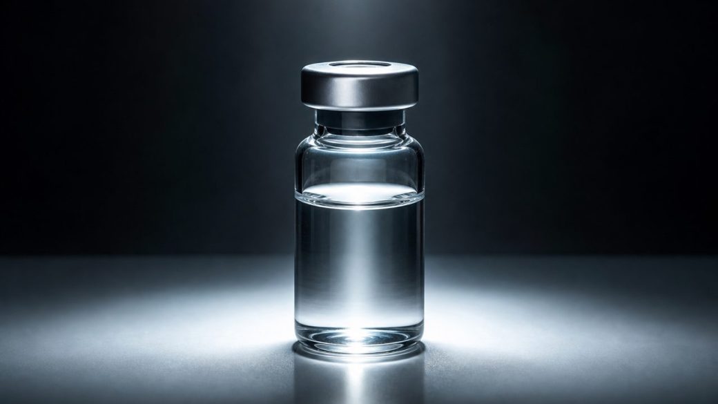 A single glass vial of biologic medicine glowing under a sharp spotlight in a clean laboratory, dark uncluttered background, dramatic high-contrast lighting, no text