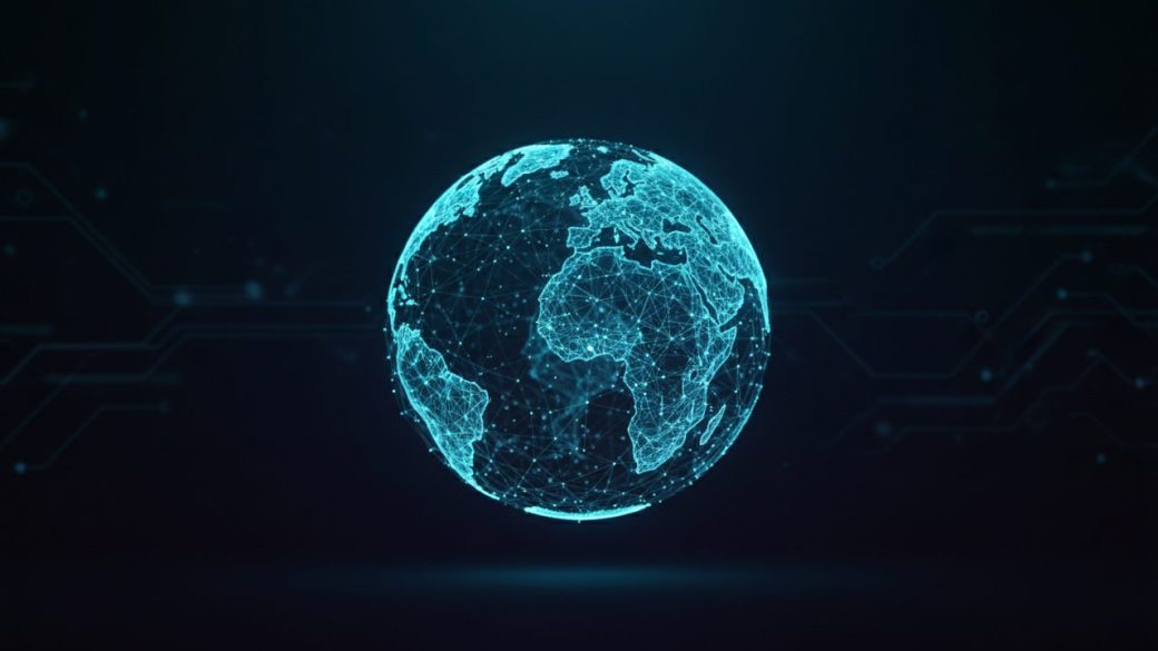 A single cracked glowing globe of digital network lines, half bright and clean and half breaking into glitchy fragments, one clear focal subject against a dark uncluttered background, dramatic high-contrast lighting, photorealistic, no text or watermark