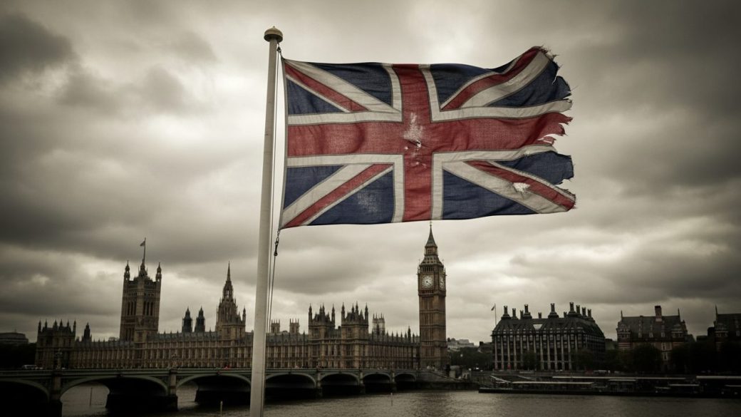 A weathered Union Jack flag waving over the London skyline with the Houses of Parliament and a grey sky, symbolising the UK economy ten years after Brexit