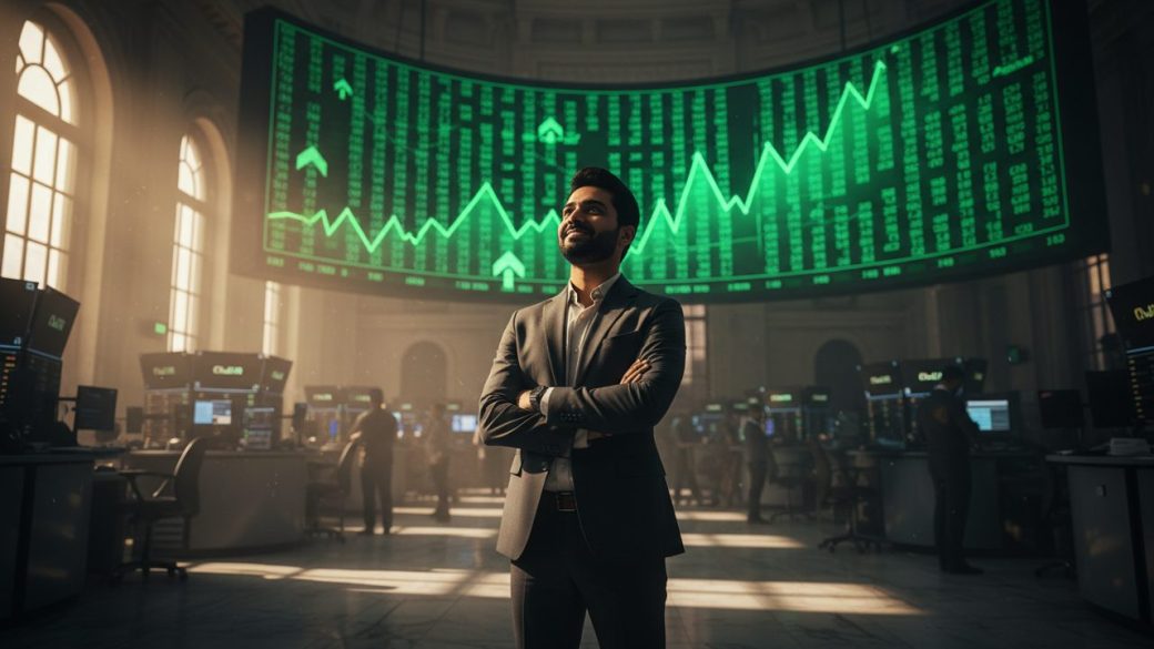 A confident Indian startup founder standing on a stock exchange floor watching a large green rising share-price ticker board, warm morning light, no readable text or logos