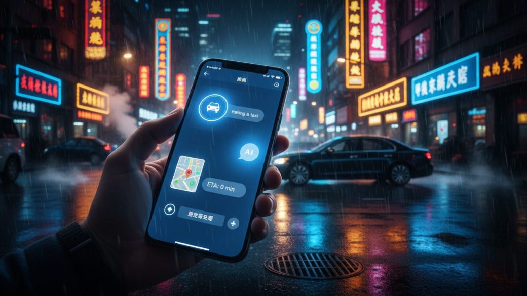 A glowing smartphone showing an AI chat app hailing a taxi on a neon Beijing street at night, single car in soft focus, dramatic high-contrast lighting, no text