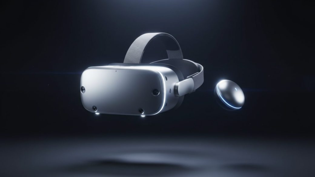 A sleek silver mixed-reality headset with a knit head strap floating against a dark studio background, dramatic rim lighting, a separate puck-shaped module beside it