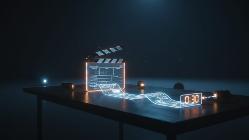 A glowing film clapperboard standing on a desk while a 30-second video timeline ribbon unspools across a dark studio, soft blue and amber light