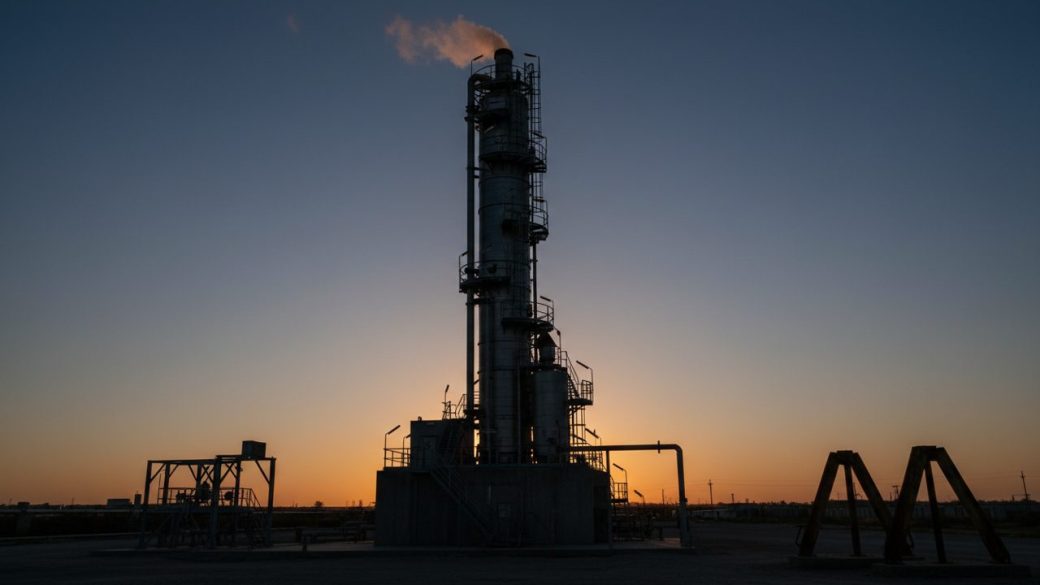 A single industrial chemical plant distillation tower at dusk, clean uncluttered sky background, dramatic high-contrast rim lighting, photorealistic, no text