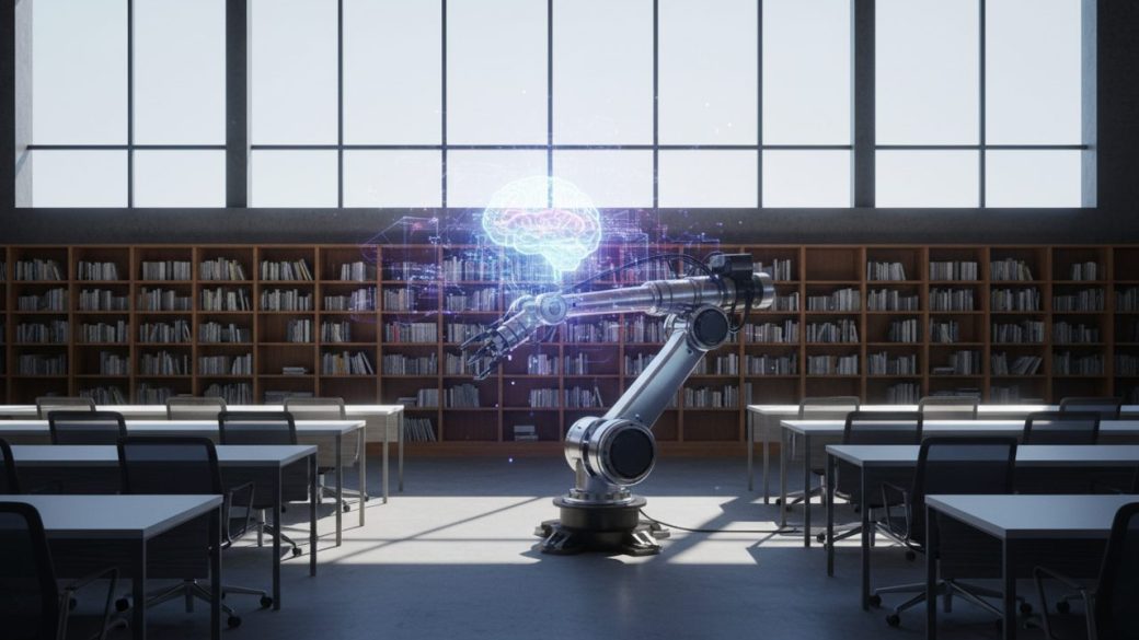 A Chinese university lecture hall where a single robotics arm and an AI hologram replace empty humanities bookshelves, students watching, bright daylight through tall windows