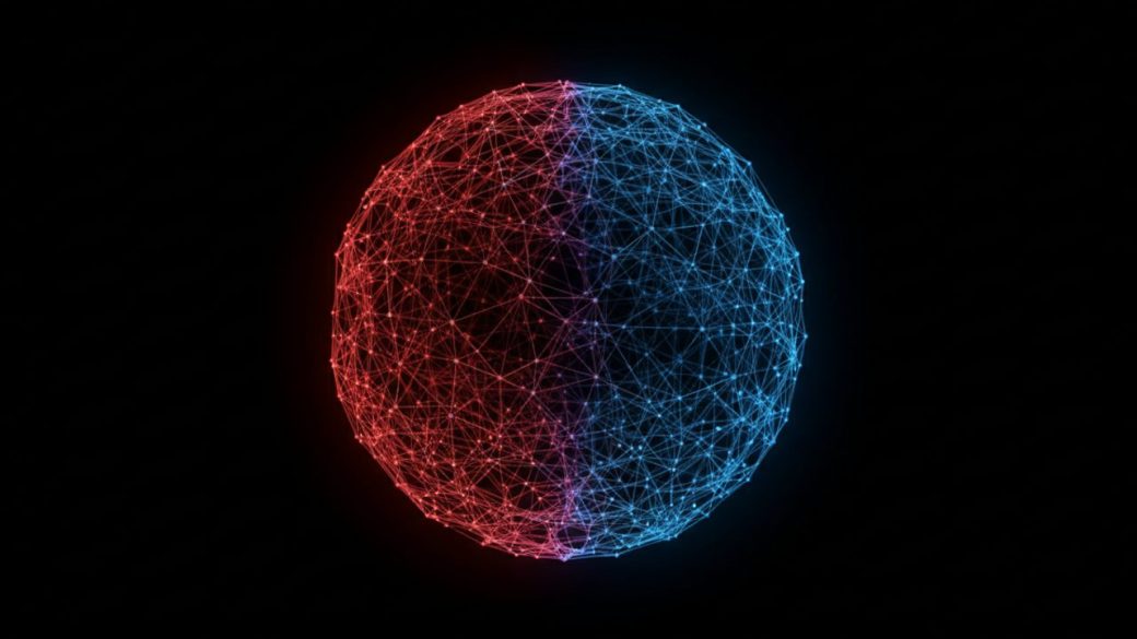 A single glowing neural-network sphere lit in red and blue on a dark studio background, dramatic lighting, high contrast, clean uncluttered backdrop, photorealistic, no text