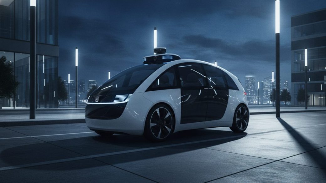 A sleek white driverless robotaxi with roof-mounted sensors waiting on a clean modern city street, photorealistic news thumbnail, soft daylight, no text or logos.