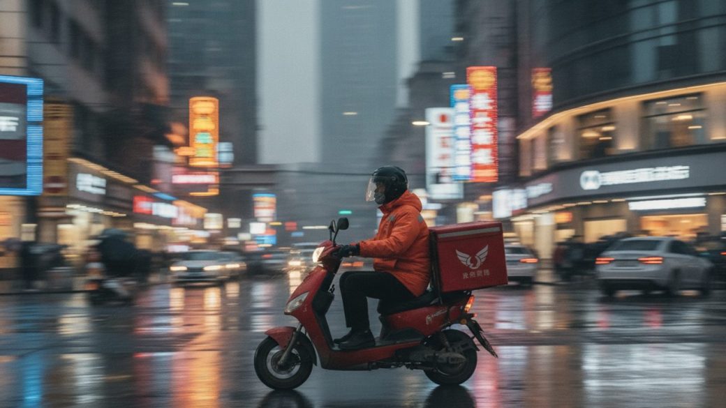 A lone food delivery courier in a branded jacket riding an electric scooter down a busy neon-lit Chinese city street at dusk, insulated delivery box on the back, blurred shopfronts behind