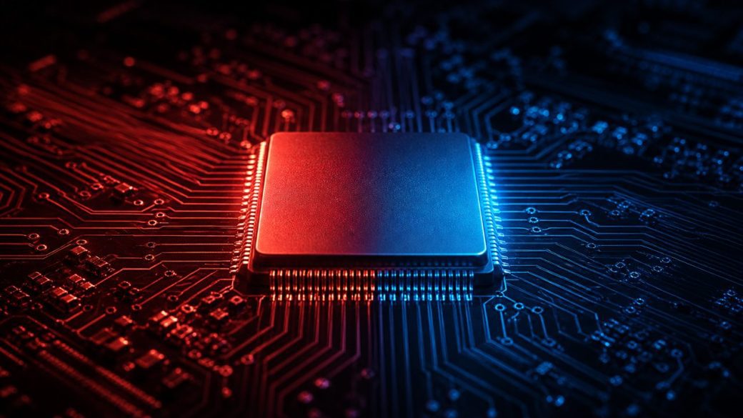A single glowing computer chip split visually between red and blue light on a dark circuit board, dramatic high-contrast macro lighting, clean uncluttered background, no text