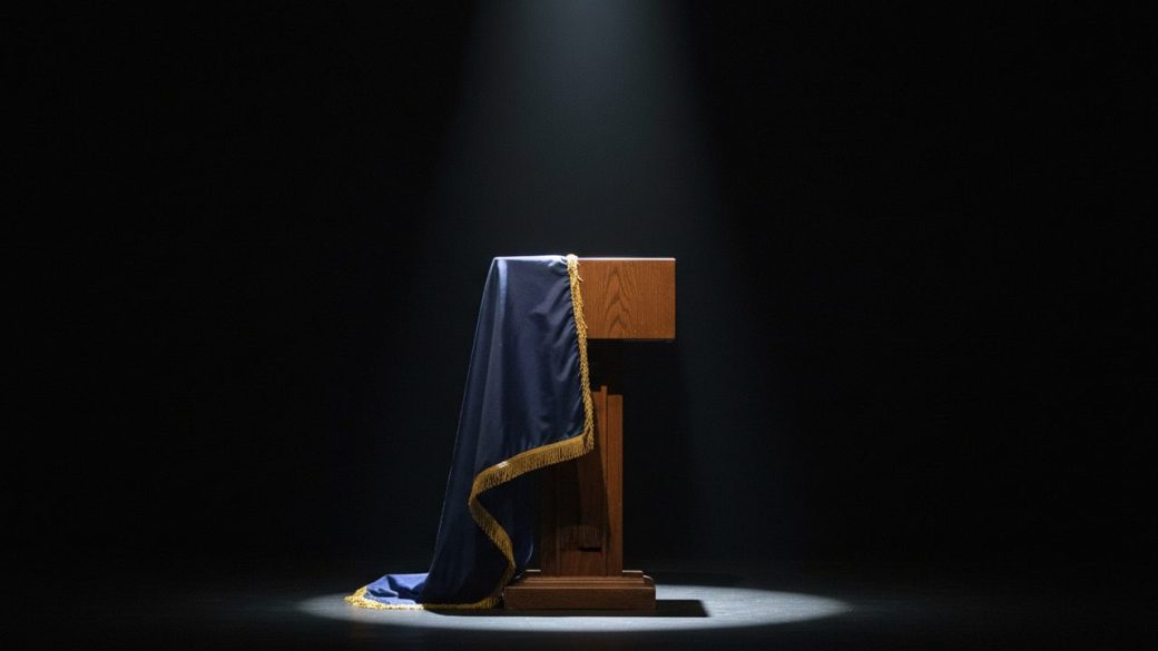 A lone wooden lectern with a draped flag in shadow under a single dramatic stage spotlight.