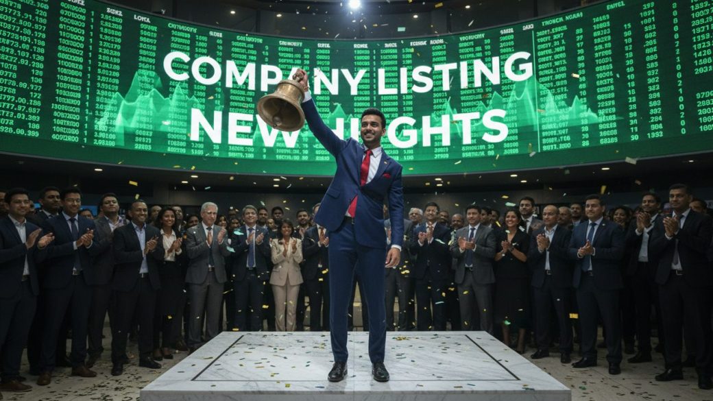 A confident young Indian startup founder ringing the ceremonial bell on a stock exchange trading floor at the moment of a company listing, with a digital ticker board glowing green in the background