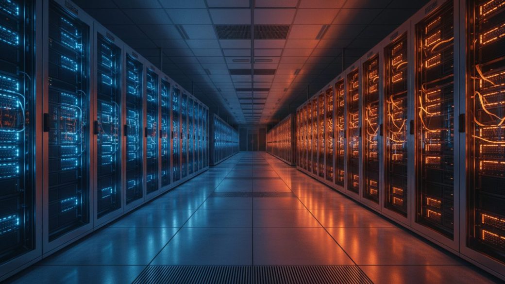 A single vast server hall lit dramatically, half cold blue crypto-mining rigs transforming into glowing AI compute racks, one clear focal corridor vanishing into the distance, clean uncluttered background, high-contrast photorealistic composition, no text or watermark